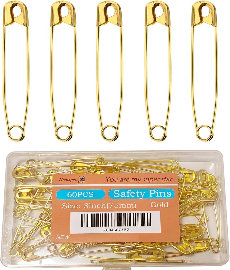 Urmspst 60PCS Safety Pins, 3 inch Large Safety Pins, Rust-Resistant Nickel Plated Steel, Sharp Edge Safety Pin for Clothes, Sewing, Arts & Craft, 75mm Decorative SafetyPins (Gold) - Image 1